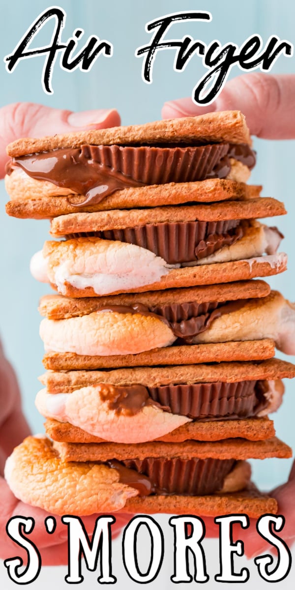 Air Fryer S'mores is an easy method for large batches of the perfectly toasted classic summer treat! Made with honey graham crackers, fluffy marshmallows, and gooey peanut butter cups or other chocolate in less than 10 minutes! via @sugarandsoulco