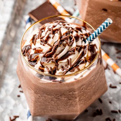 Close up photo of frozen hot chocolate on a galvanized tray.