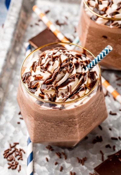 Close up photo of frozen hot chocolate on a galvanized tray.