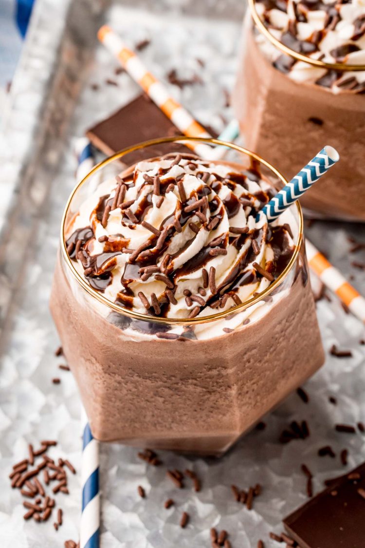 Close up photo of frozen hot chocolate on a galvanized tray.