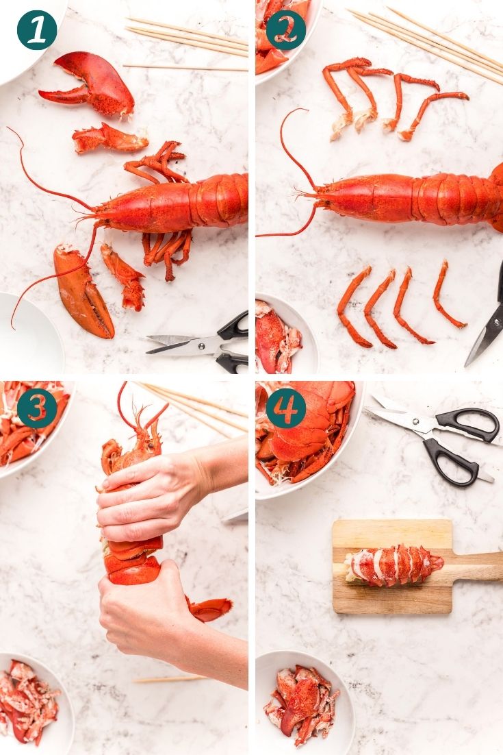 Step-by-step photo collage showing how to breakdown a lobster.