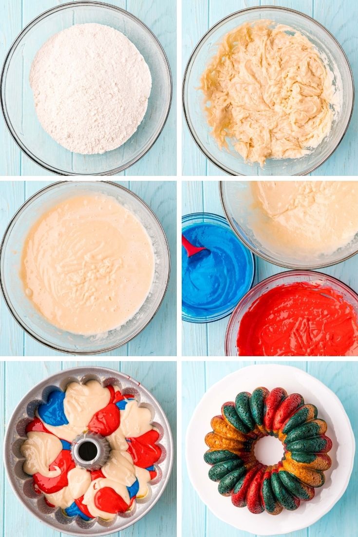 Step by step photo collage showing how to make a red, white, and blue fourth of july cake in a bundt pan.