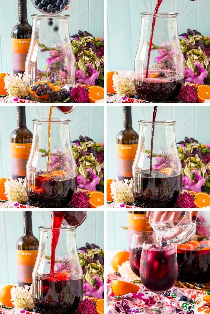 step-by-step-photo collage showing how to make blueberry sangria.