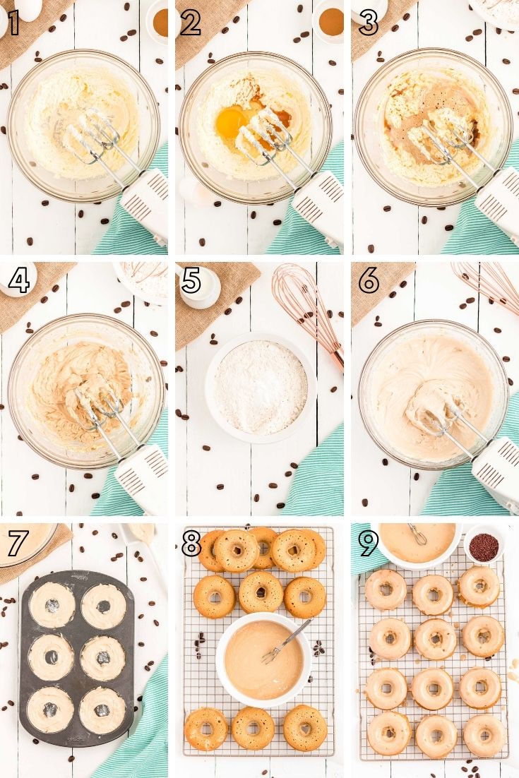 Step-by-step photo collage showing how to make coffee donuts from scratch.