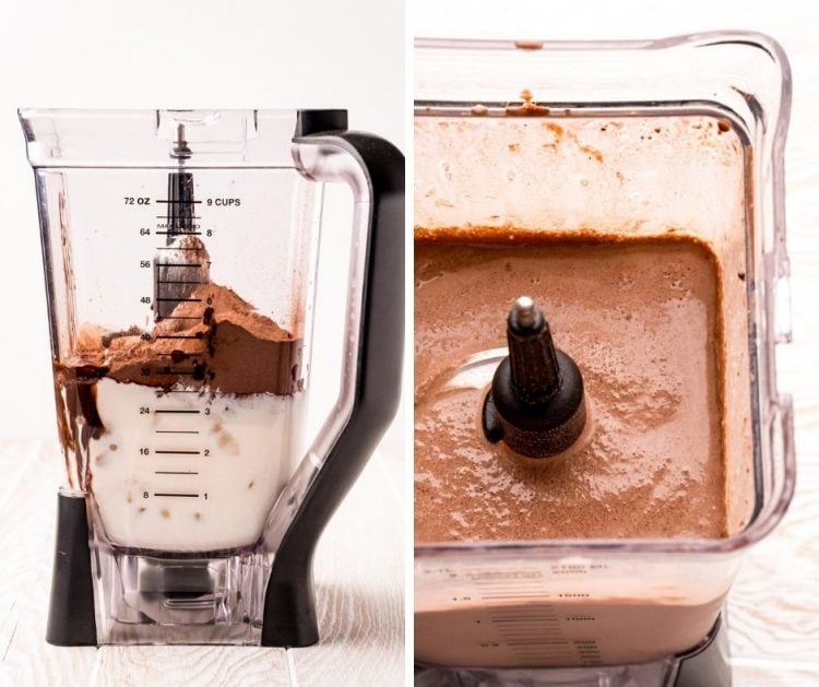 Photo collage showing how to make frozen hot chocolate in a blender.