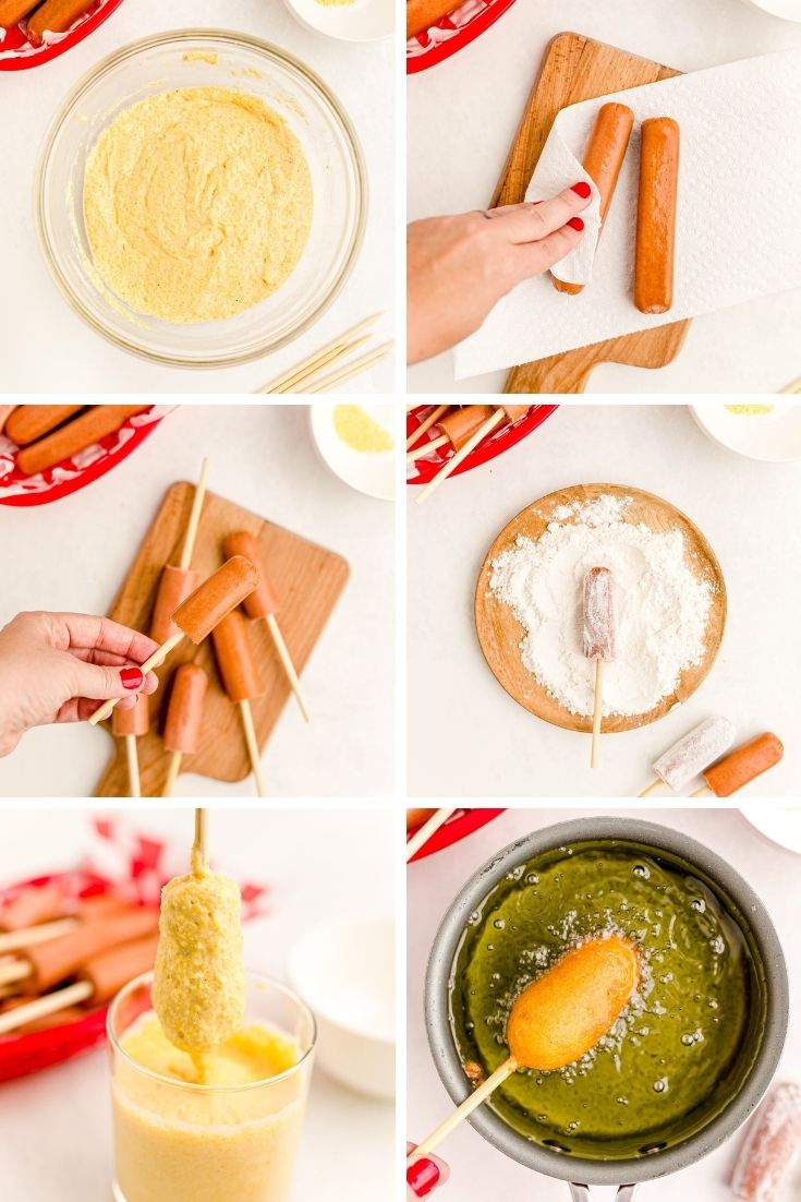Step-by-step photo collage showing how to make mini corn dogs.