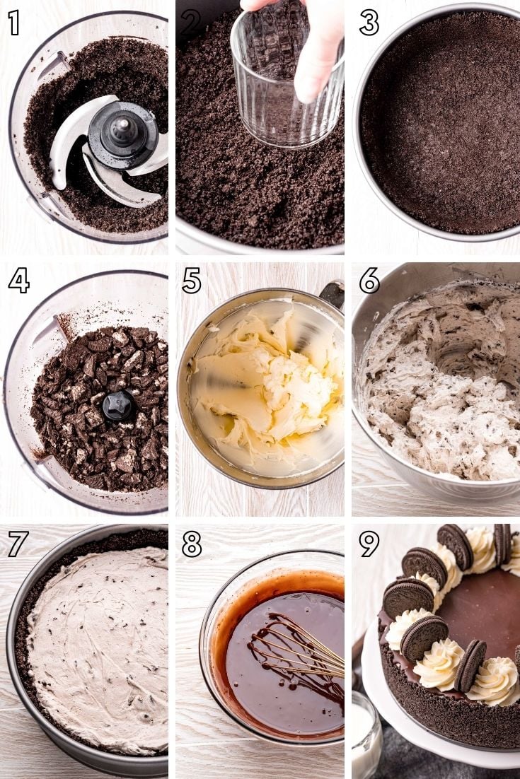 Step-by-step photo collage showing how to make no-bake oreo cheesecake.