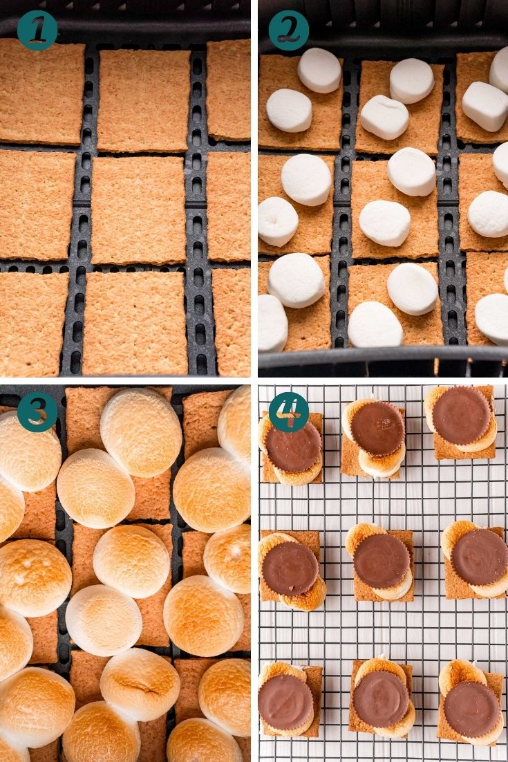 Step-by-step photos showing how to make smores in an air fryer.