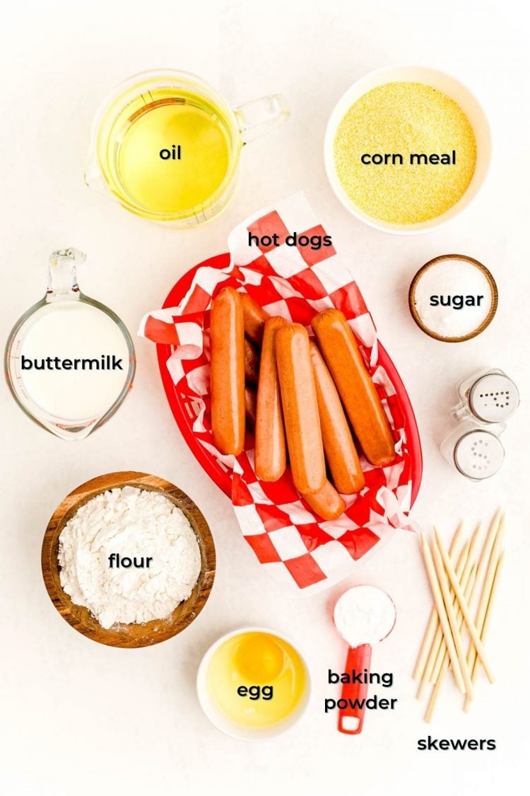 Overhead photo of ingredients prepped to make mini corn dogs with labels.