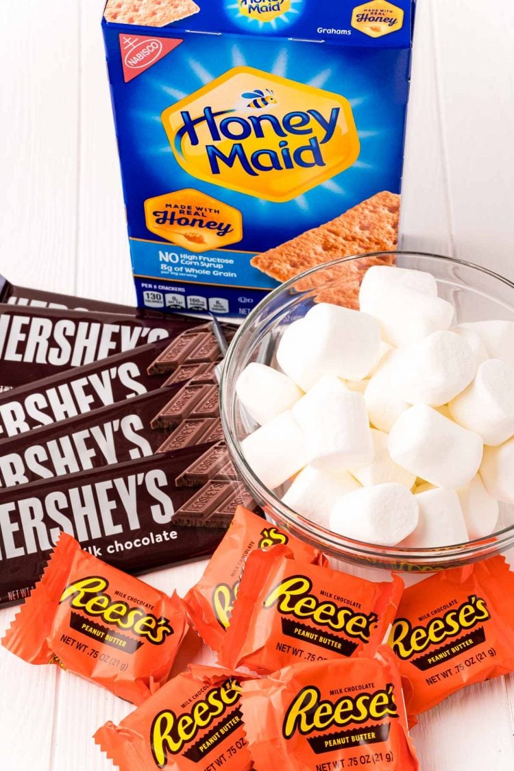 Close up photo of ingredients to make smores in the air fryer.