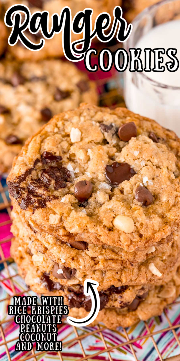 This Ranger Cookies Recipe is my favorite version of a classic! Made with oats, Rice Krispies, coconut, peanuts, and chocolate chips, these chewy cookies are filled with delicious flavors and textures!  via @sugarandsoulco