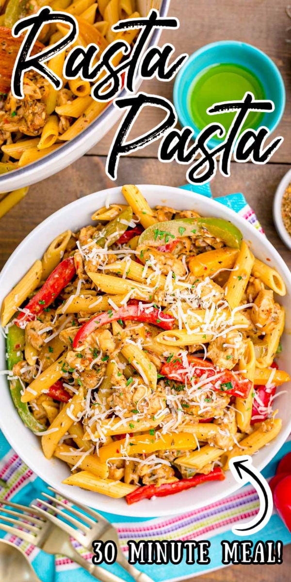 Rasta Pasta is loaded with tender chunks of chicken, bell peppers, and jerk seasoning for a quick delicious meal that's ready in just 30 minutes! via @sugarandsoulco