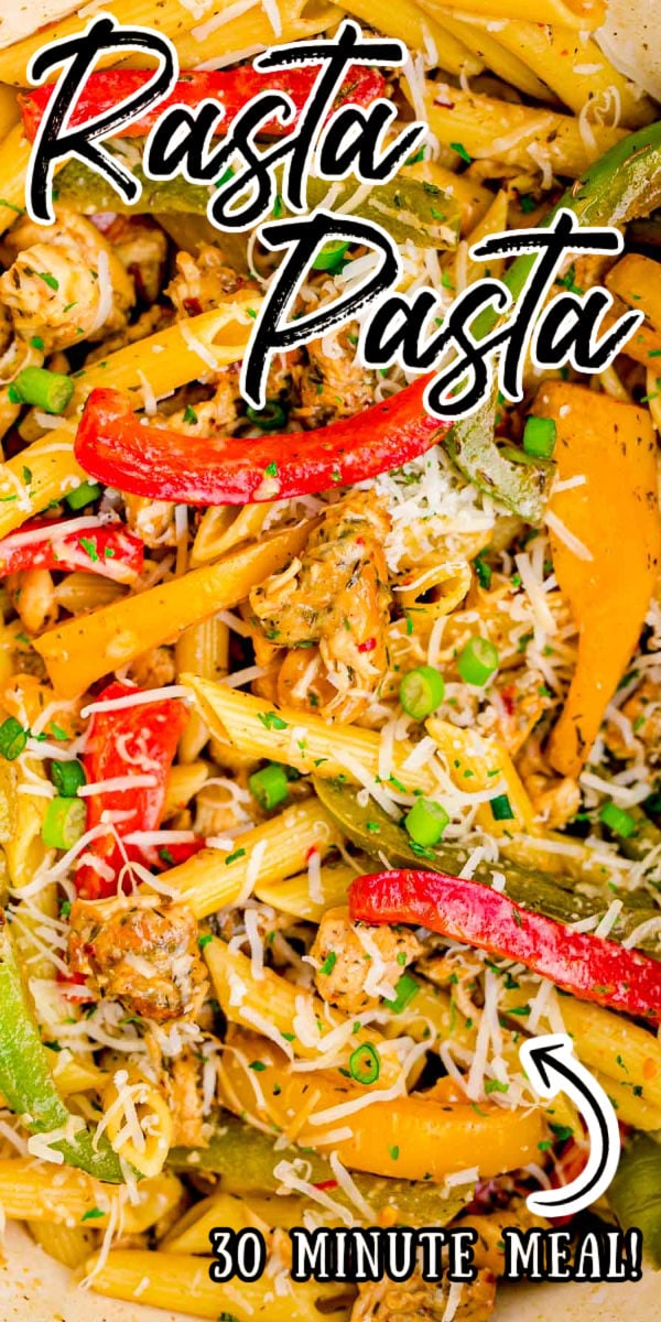 Rasta Pasta is loaded with tender chunks of chicken, bell peppers, and jerk seasoning for a quick delicious meal that's ready in just 30 minutes! via @sugarandsoulco
