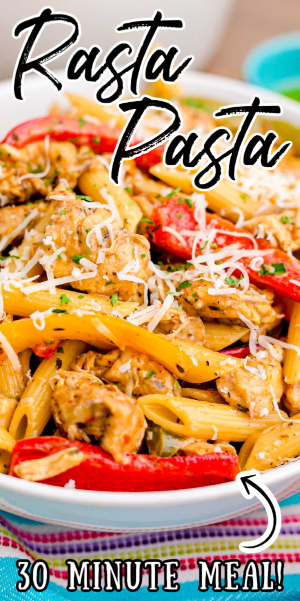 Rasta Pasta is loaded with tender chunks of chicken, bell peppers, and jerk seasoning for a quick delicious meal that's ready in just 30 minutes! via @sugarandsoulco