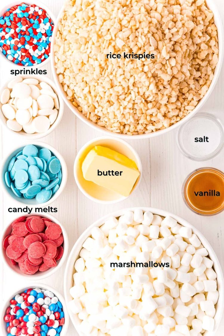 Overhead photo of ingredients on a white table to make rice krispie treats for the 4th of july!