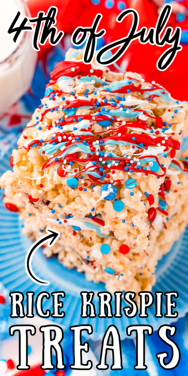 4th of July Rice Krispie Treats are a festive, fun dessert that's dressed up with red, white, and blue M&Ms, sprinkles, and melted chocolate! Requires only 10 minutes of hands-on time!  via @sugarandsoulco