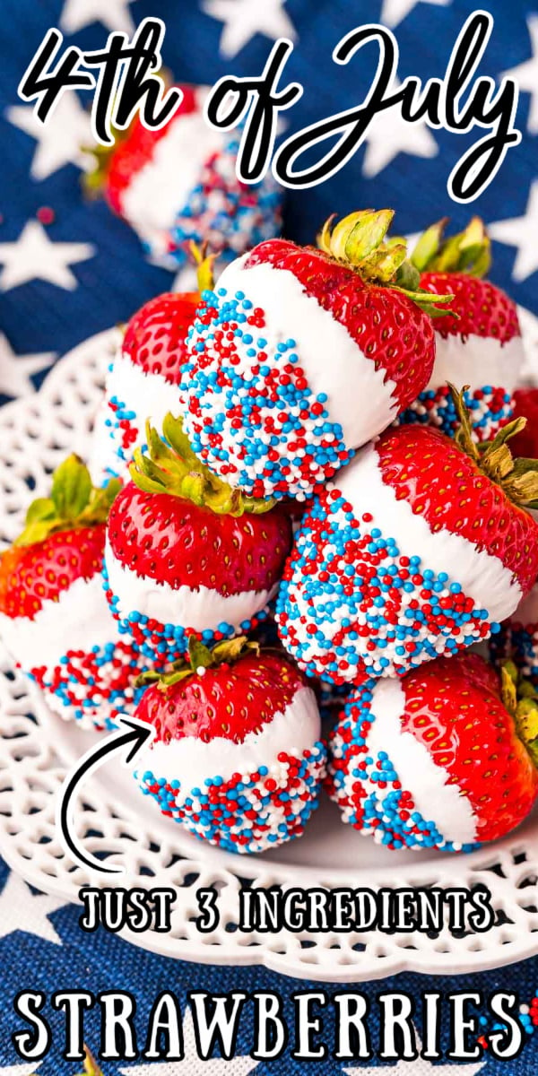 4th Of July Strawberries are homemade white chocolate covered strawberries coated in red, white, and blue sprinkles for an easy-to-make treat! Ready from start to finish in just 45 minutes! via @sugarandsoulco