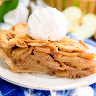 Close up photo of a slice of apple pie on a blue and white checkered napkin.