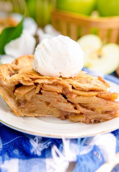 Close up photo of a slice of apple pie on a blue and white checkered napkin.