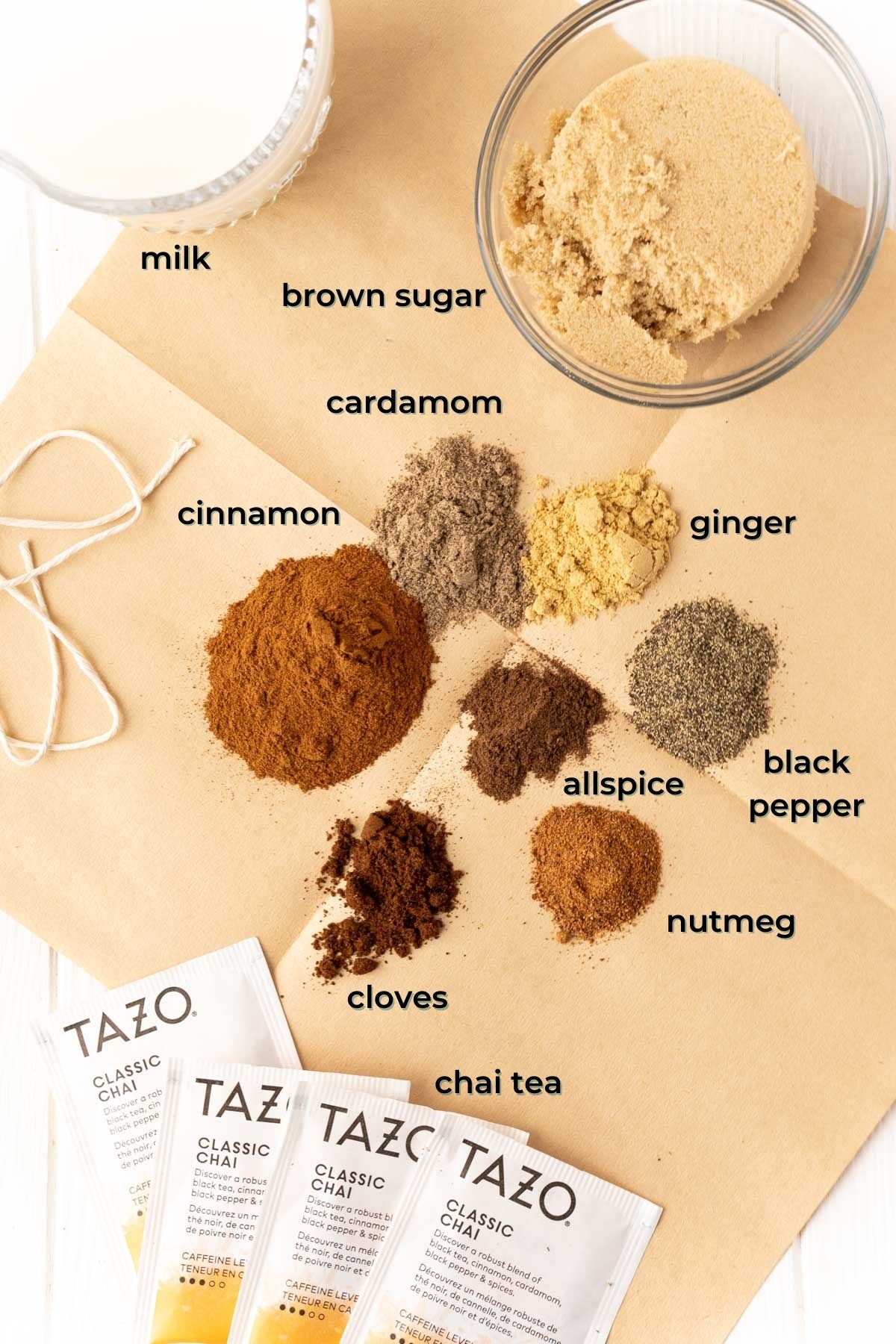 Overhead photo of ingredients used to make iced chai tea latte.
