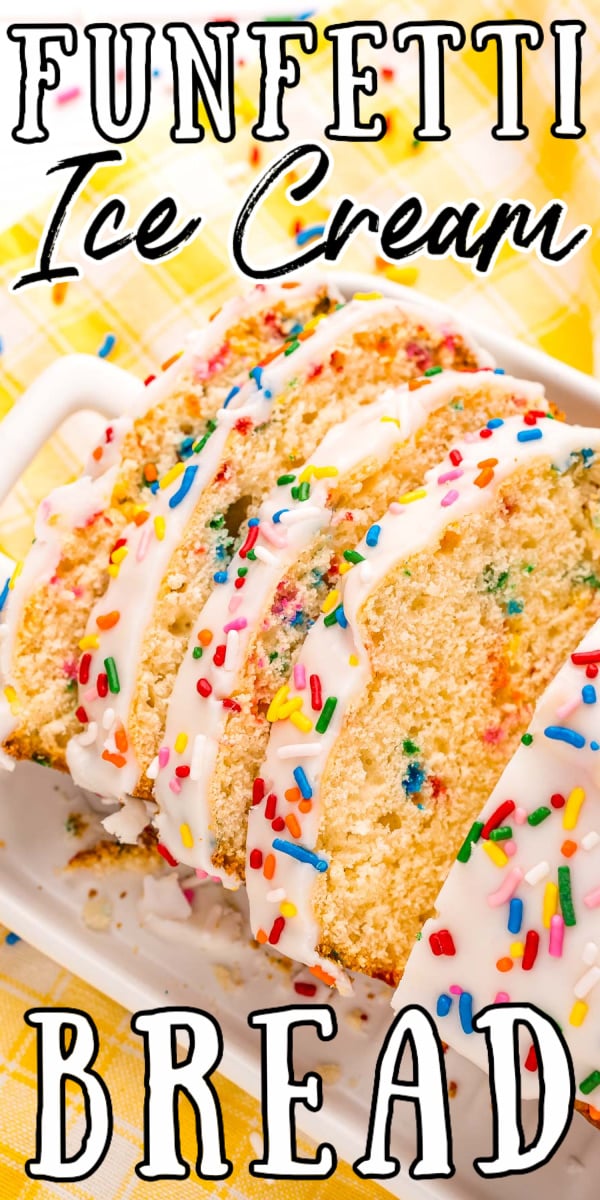 Funfetti Ice Cream Bread doesn't require any rising or kneading to make this tender, lightly sweet bread! It's topped with sweet icing and lots of sprinkles for a fun and delicious dessert recipe! via @sugarandsoulco