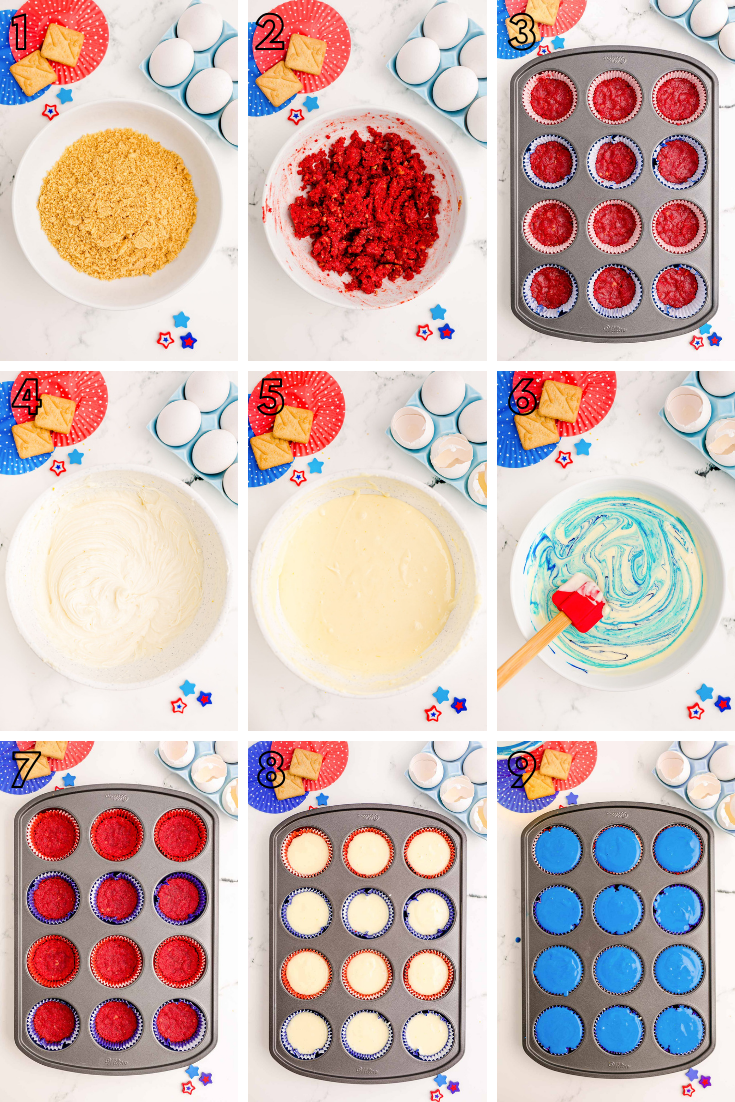 Step by step photo collage showing how to make red, white, and blue 4th of July mini cheesecakes.