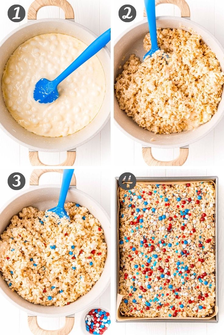 Step by step photo collage showing how to make rice krispie treats for the 4th of july.