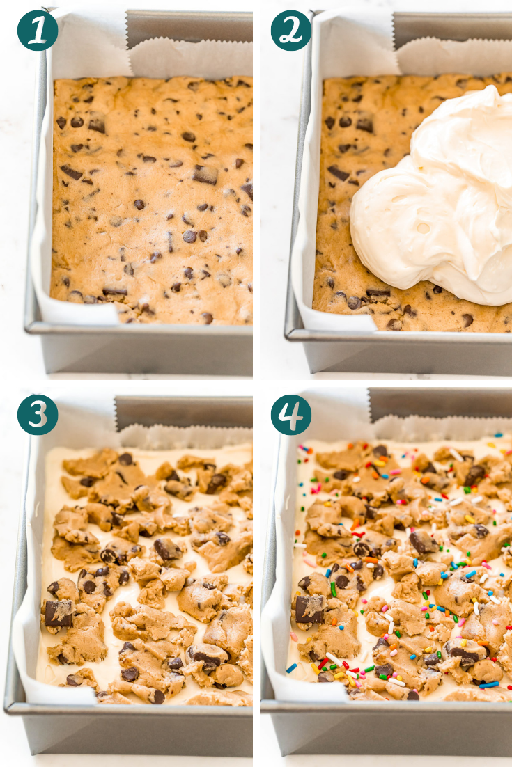 Step-by-step photo collage showing how to make chocolate chip cookie cheesecake bars.