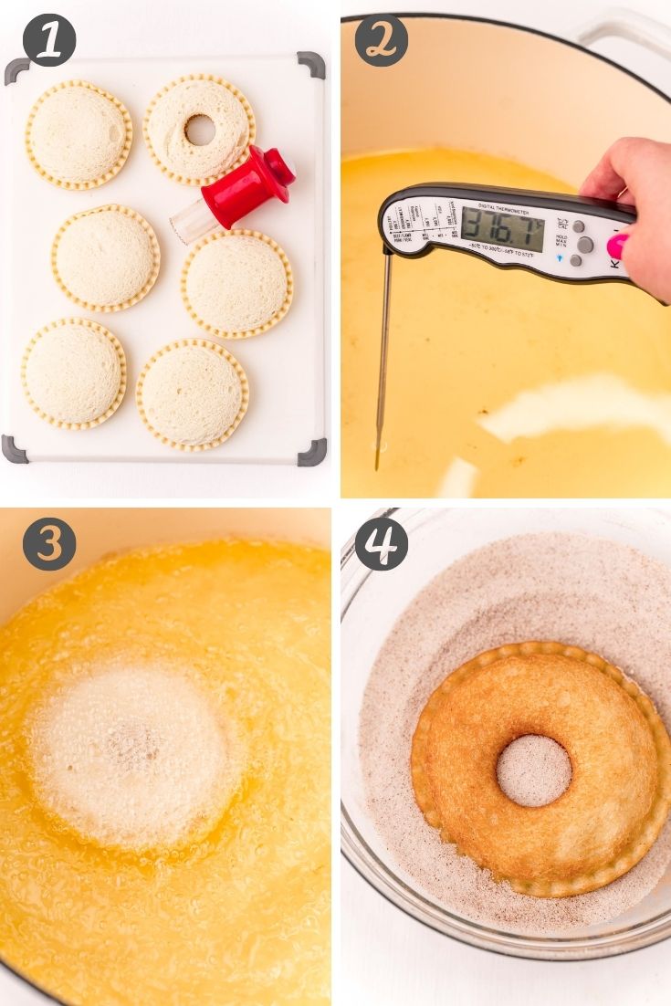Step-by-step photo collage showing how to make donuts out of uncrustables sandwiches.