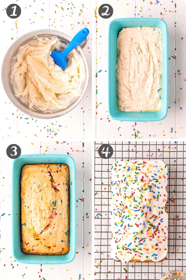 Step-by-step photo collage showing how to make funfetti ice cream bread.