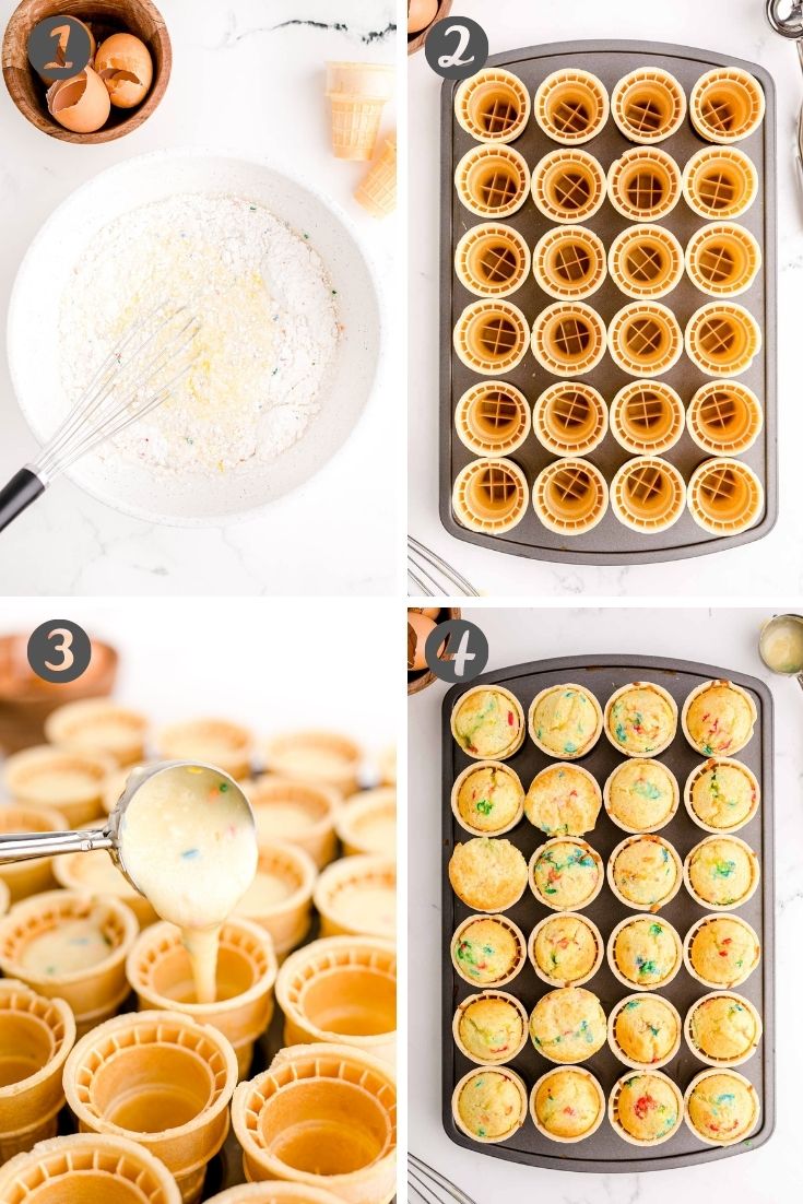 Step-by-step photo collage showing how to make ice cream cone cupcakes.