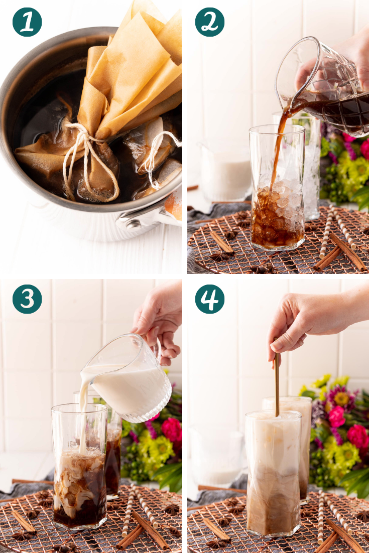 Step-by-step photo collage showing how to make iced chai latte.