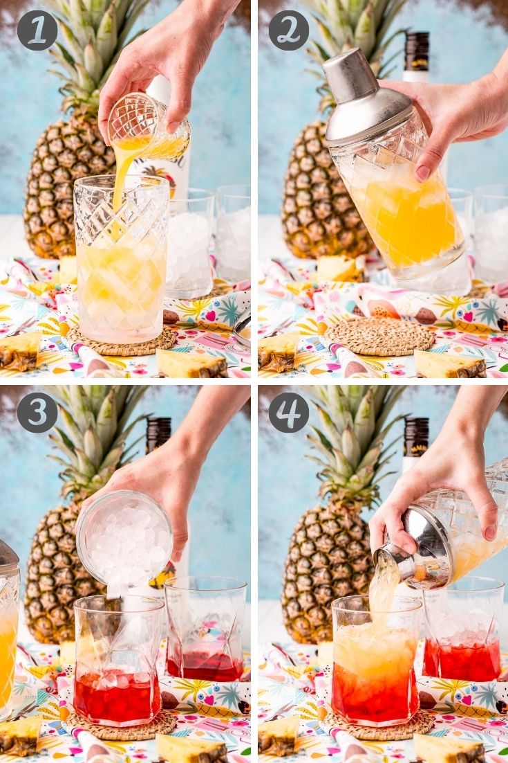 step-by-step photo collage showing how to make a Malibu sunset drink.