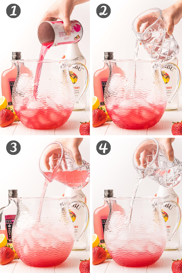 Step-by-step photo collage showing how to make strawberry vodka lemonade in a pitcher.