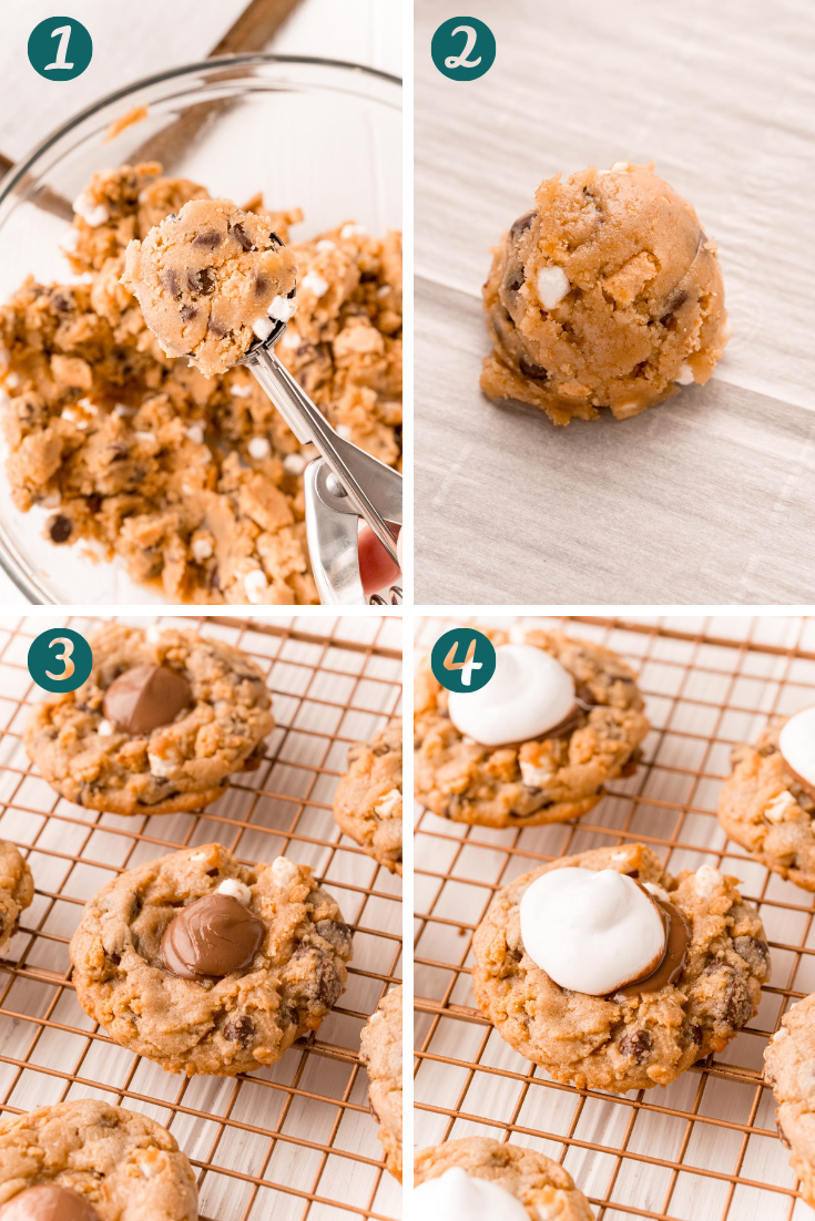 Step-by-step photo collage showing how to make s'mores thumbprint cookies.