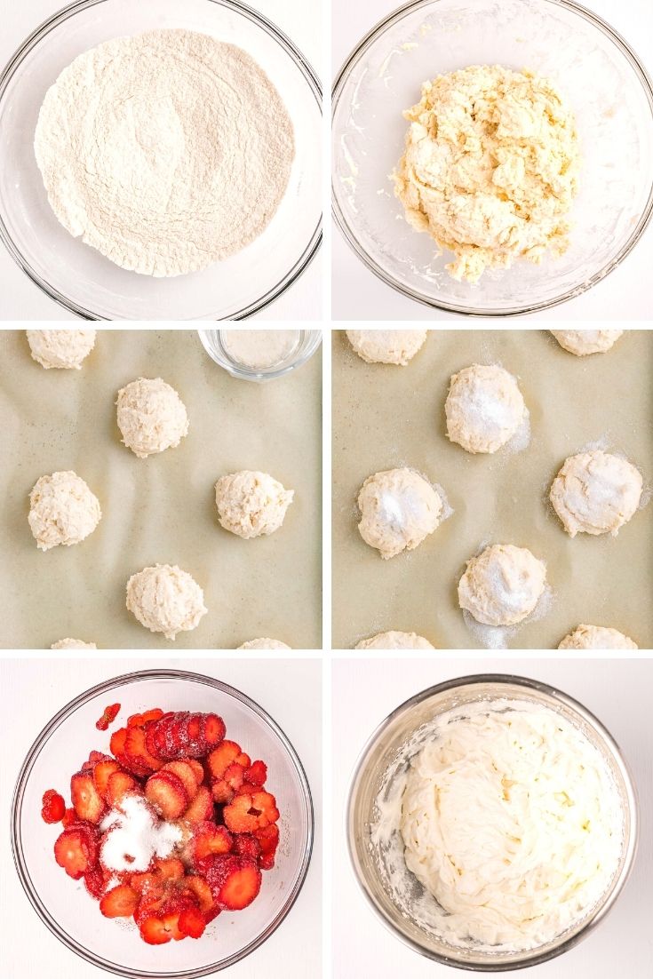 Step by step photo collage showing how to prepare strawberry shortcake.