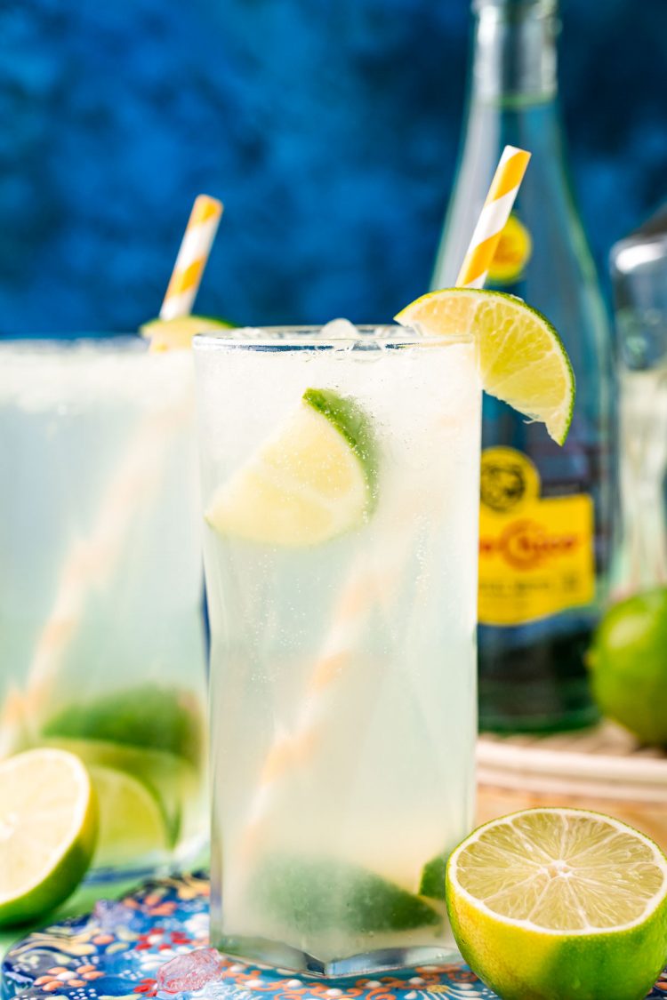 Close up photo of a highball glass with ranch water in it garnished with a lime and paper straw.