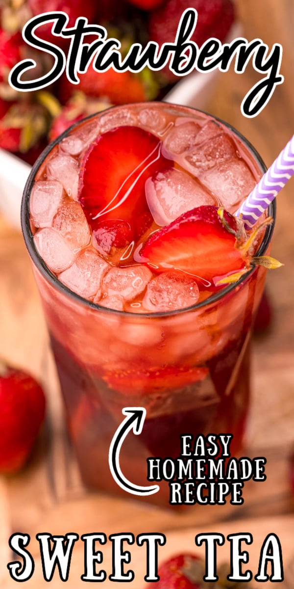 This Iced Strawberry Sweet Tea uses a 3-ingredient homemade strawberry simple syrup to sweeten up freshly steeped tea in just 35 minutes! Perfect for cooling down with on those hot summer days! via @sugarandsoulco