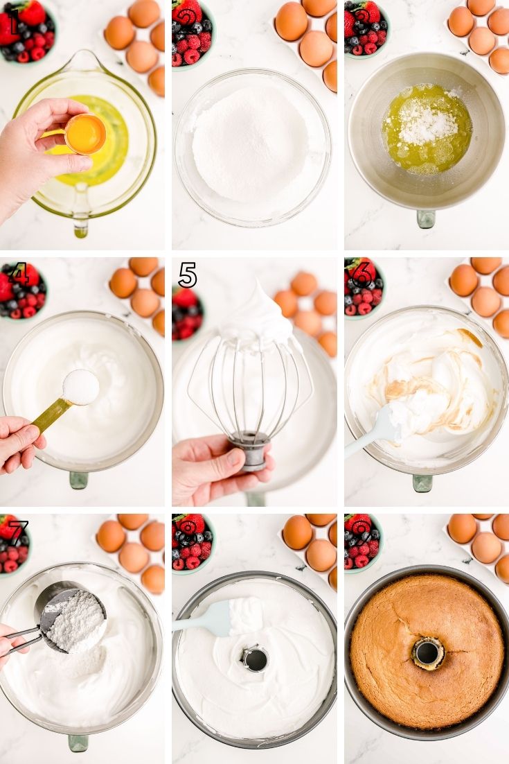 Step-by-step photo collage showing how to make angel food cake from scratch.