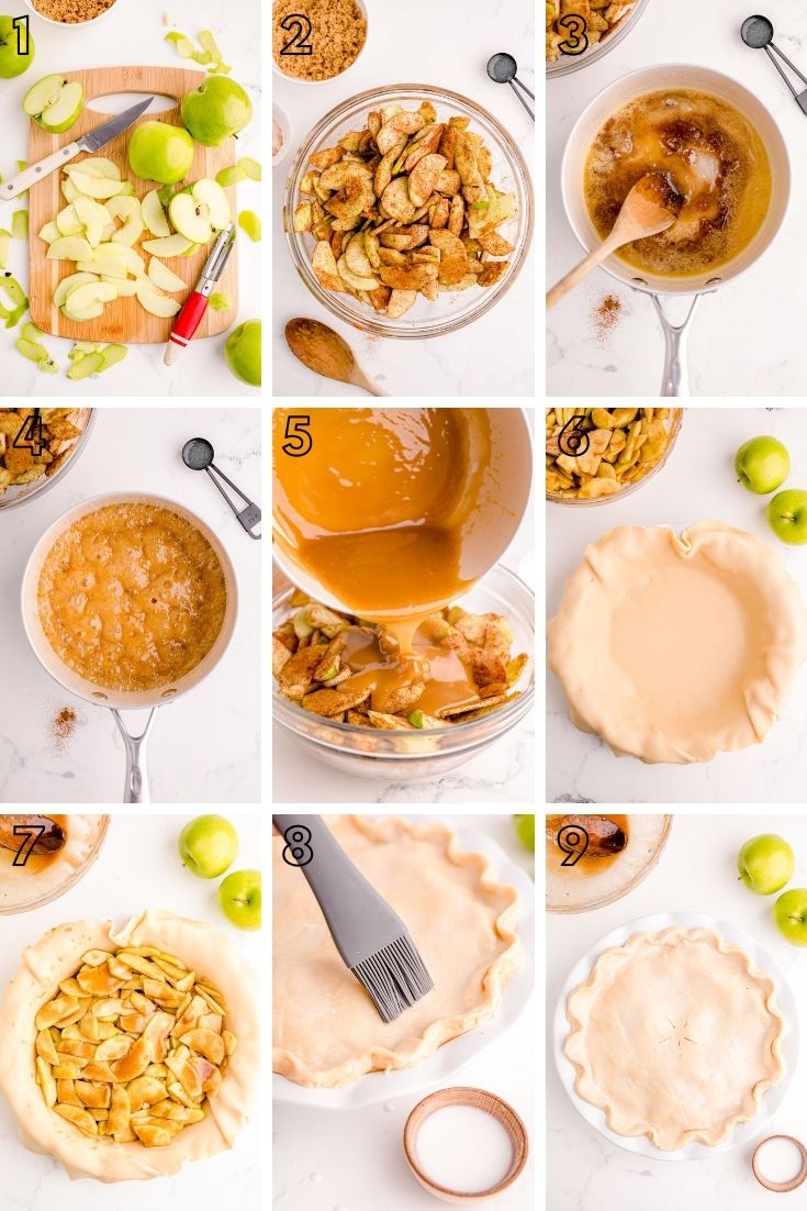 Step-by-step photo collage showing how to make apple pie.