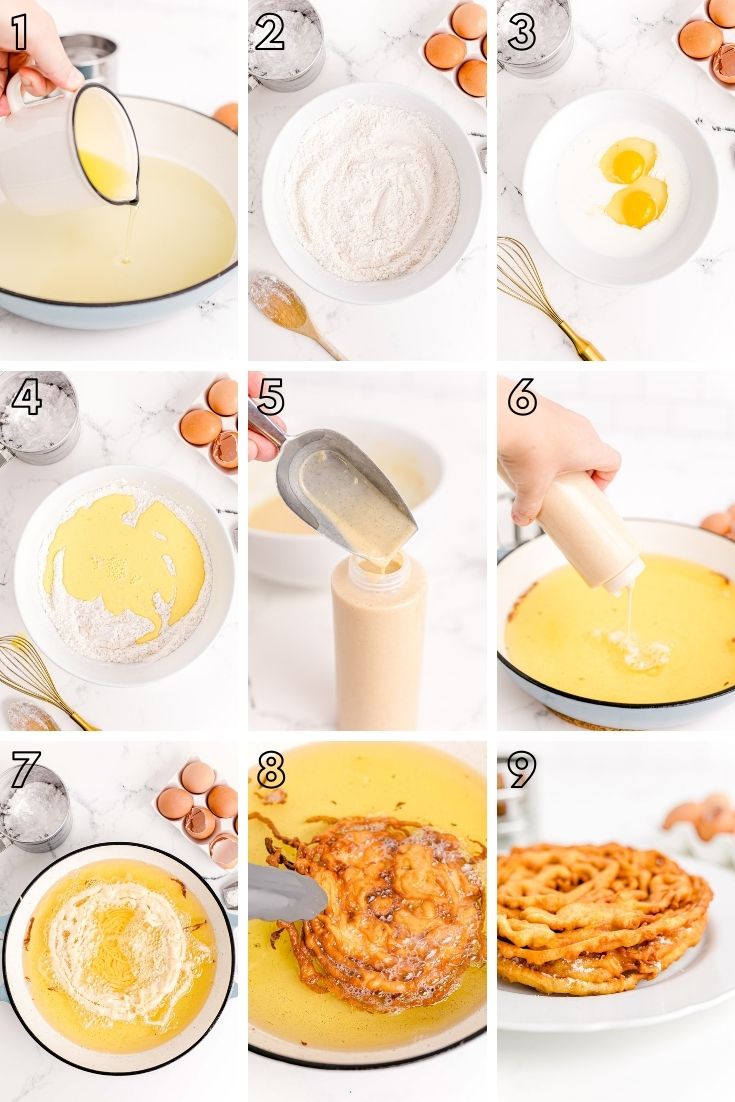 Step by step photo collage showing how to make funnel cakes from scratch.