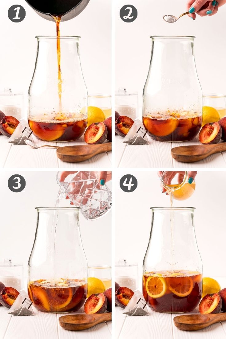 Step-by-step photo collage showing how to make peach iced tea.