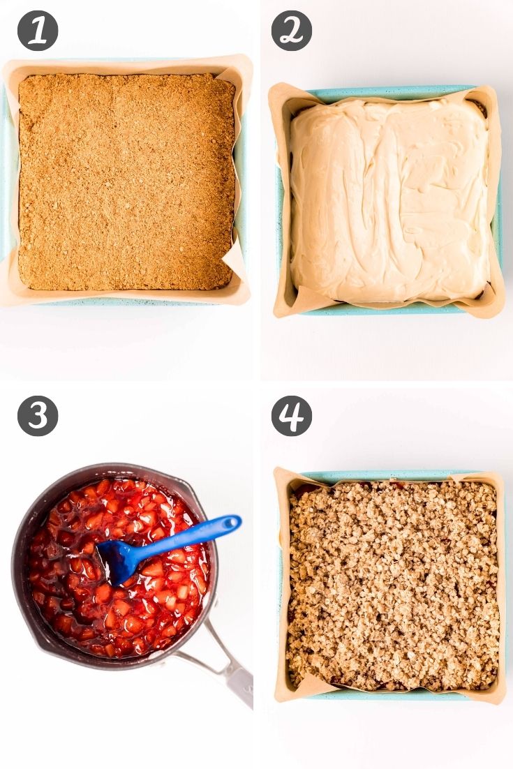 Step by step photo collage showing how to make strawberry cheesecake bars.