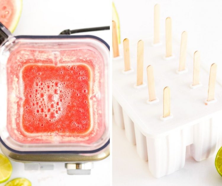 Photo collage showing how to make watermelon popsicles.