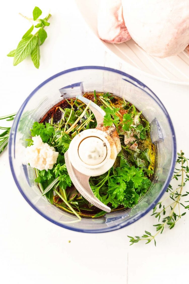 Overhead photo of ingredients to make chicken marinade in a food process ready to be blended.