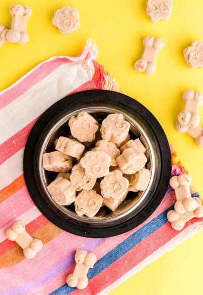 Overhead photo of frozen dog treats in a dog bowl on a striped napkin.