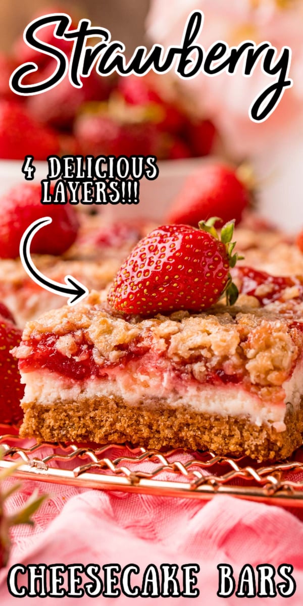 Strawberry Cheesecake Bars are made with a graham cracker crust, creamy cheesecake, strawberry filling, and an oatmeal crumble topping! This easy-to-serve dessert is one everyone will love! via @sugarandsoulco