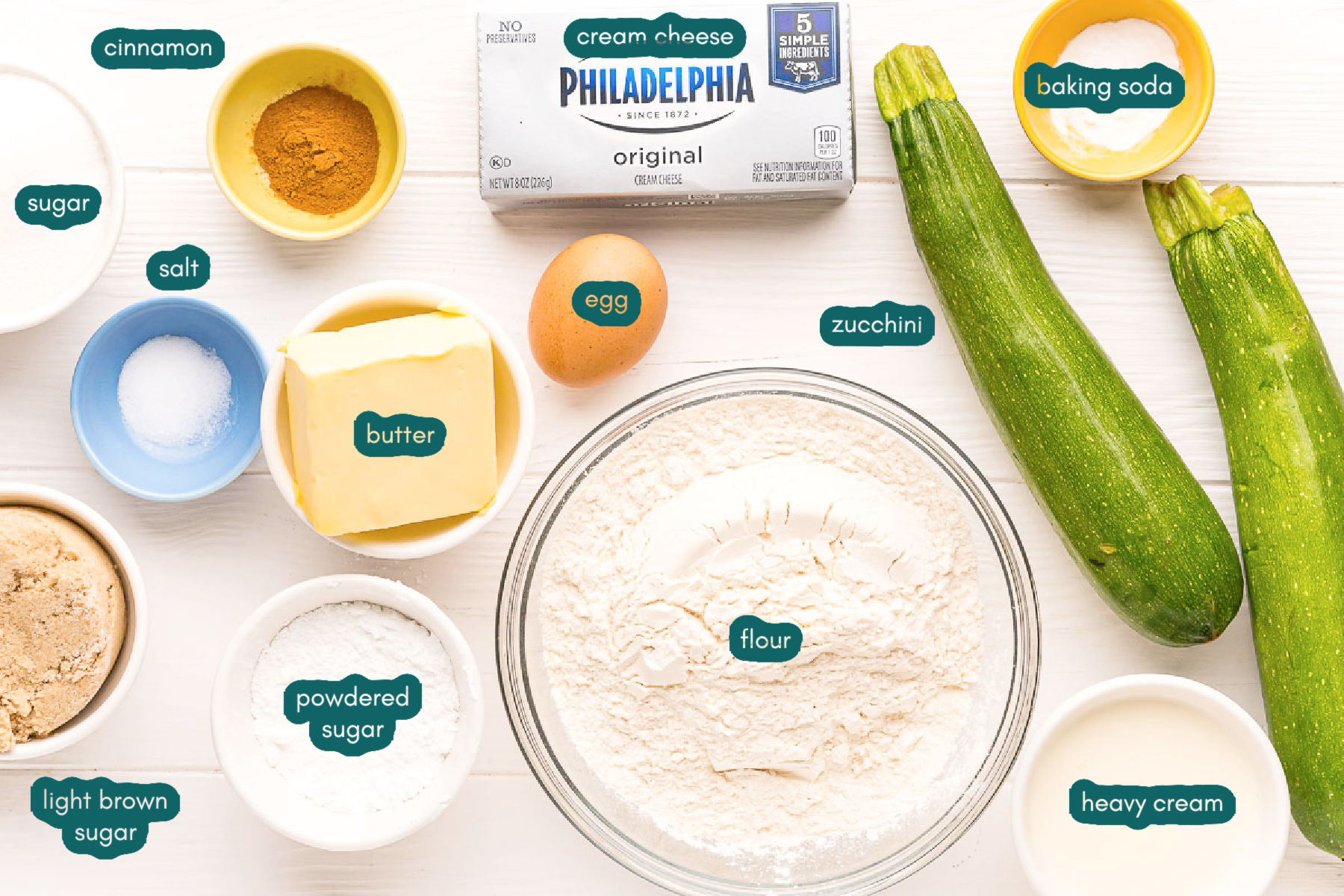 Ingredients to make zucchini cookies on a white wooden table.