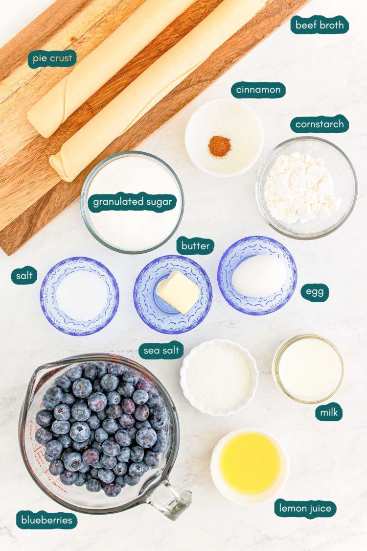 Overhead photo of ingredients used to make blueberry pie.