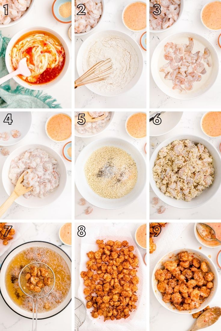 step-by-step photo collage showing how to make bang bang shrimp.
